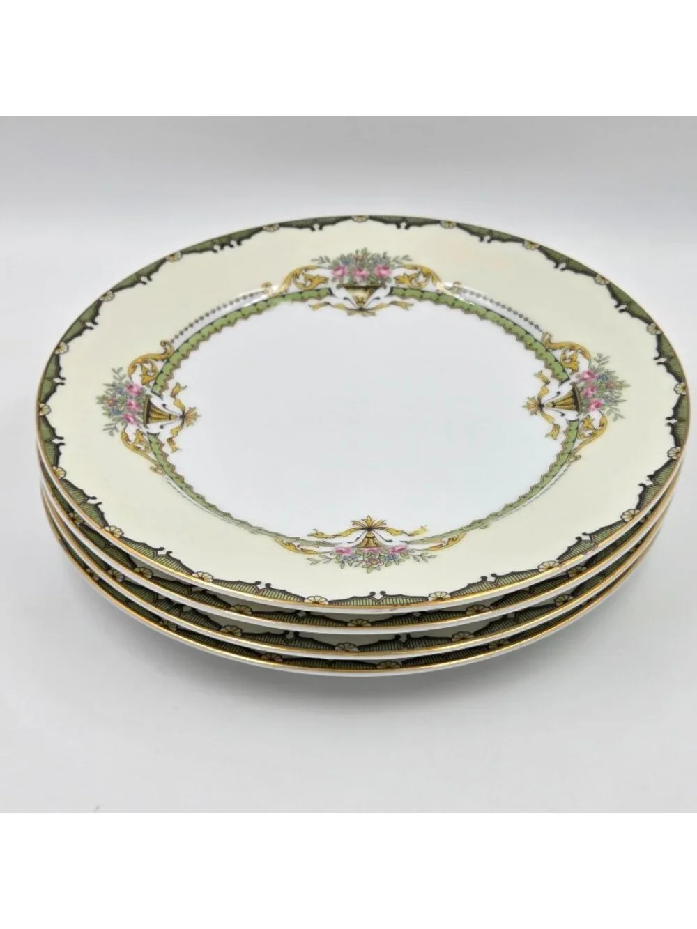 Noritake Penelope Set of 4 Salad Plates Green Border Pink Roses Urn Gold Trim